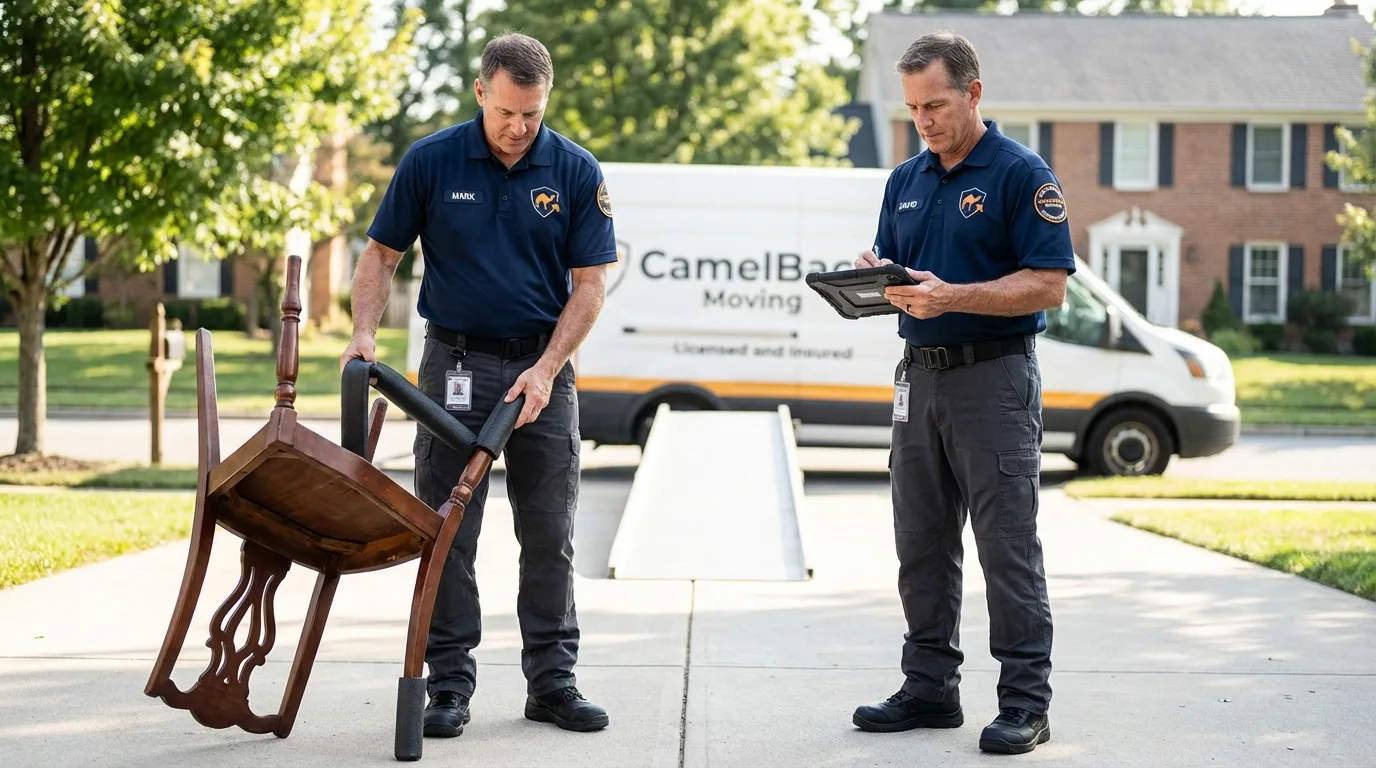 Movers inspecting furniture for damage prevention before loading in Richmond, UT