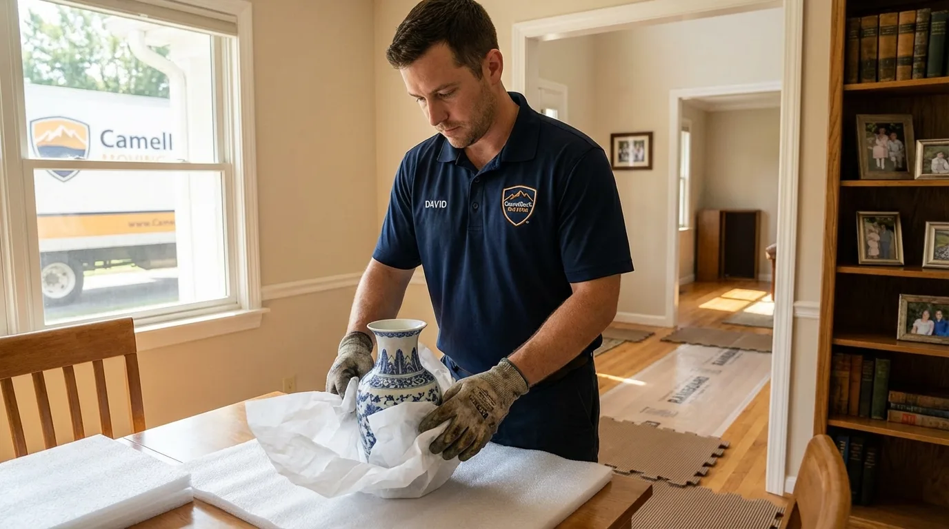 Professional crew carefully wrapping antique vase for senior downsizing move in Richmond, UT